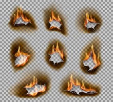 Burning Holes With Fire Flames Realistic Vector Design. Burnt Paper Holes On Transparent Background With Scorched And Cracked Edges, Ashes And Brown Burnts, Fire Flames And Blaze