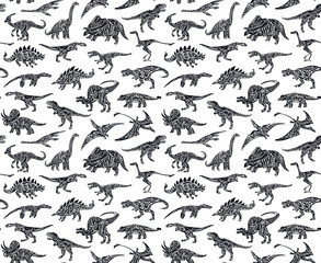 Wall Mural - Hand drawn grunge seamless pattern with different dinosaur silhouettes. Black and white dino vector background, fashion print for textile or decorations for kids