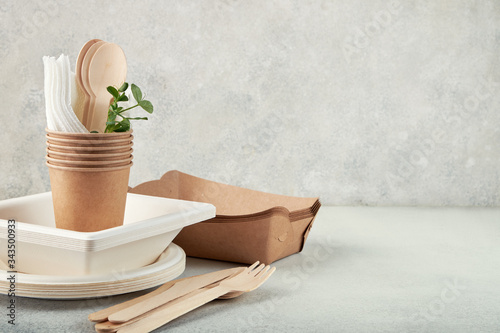 Biodegradable disposable tableware. Paper plates, cups, boxes. Wooden cutlery.