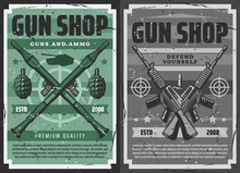 Gun Shop And Military Ammunition Weapon Store, Vector Retro Vintage Posters. Defense Weaponry, Shooting Range Machine Guns, Bullets And Bomb Launchers, Grenades And Bazookas, Tanks And Revolvers