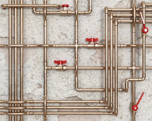 Copper water pipes with red faucets in front of damaged wall, 3d illustration