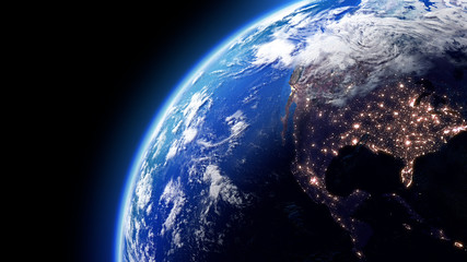 Wall Mural - the earth space planet 3d illustration background. city lights on planet. elements from nasa