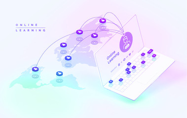 Poster - Global online learning. The process of remote self-education. Map of the world with communications between users. Realistic laptop with educational program. Educational app. Modern vector illustration