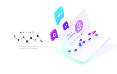 Poster - online learning. the process of remote self-education. realistic laptop with educational program on 