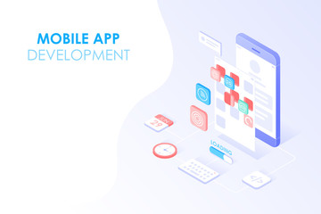 Wall Mural - Mobile app development and web design isometric concept. App testing and layered user interface on smartphone screen for web banner background.