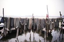 Fishing Nets Drying In The Sun By The Ganges River, Varanasi, India