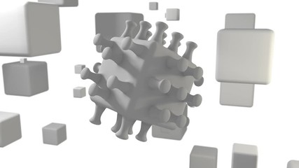 Poster - 3D animation of many white cubes in space moving randomly and one cube turns suddenly into a virus. The idea of a digital pandemic.
