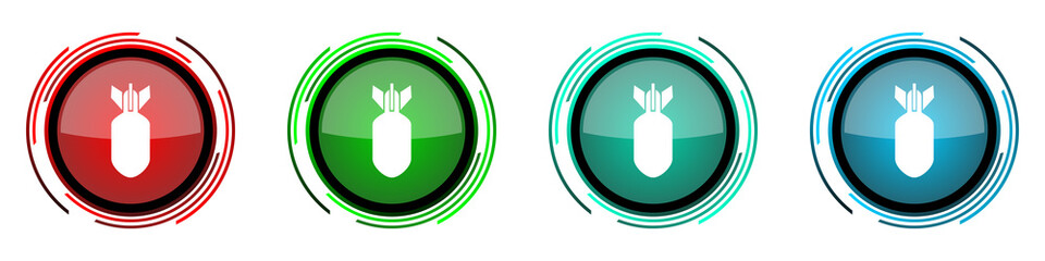 Leinwandbilder - Bomb round glossy vector icons, war, military, weapon set of buttons for webdesign, internet and mobile phone applications in four colors options isolated on white background