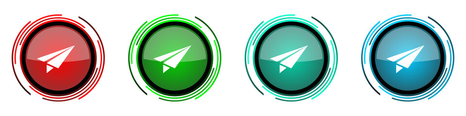 Poster - Paper plane round glossy vector icons, fly, flight, airplane set of buttons for webdesign, internet and mobile phone applications in four colors options isolated on white background