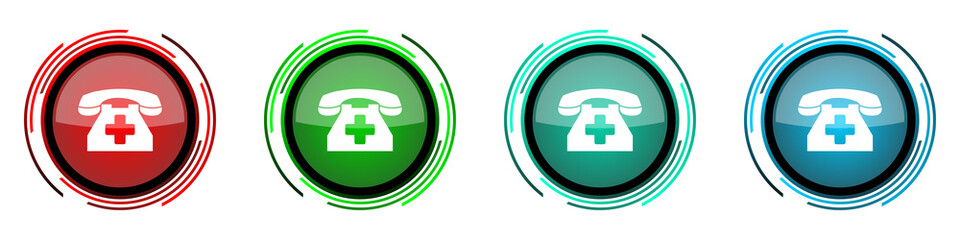 Fototapete - Emergency call round glossy vector icons, phone set of buttons for webdesign, internet and mobile phone applications in four colors options isolated on white background