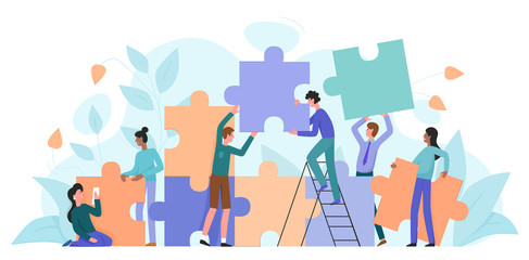 teamwork, startup character flat vector illustration business concept with giant puzzle. teamwork pa