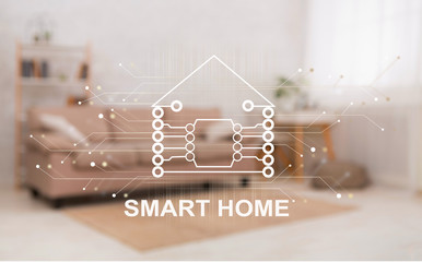 Poster - Living room interior and pictogram of smart home on transparent screen, collage