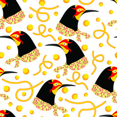 Wall Mural - Black birds in scarf, animal fashion vector seamless pattern on white background. Concept for wallpaper, wrapping paper, cards 