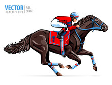 Jockey On Racing Horse. Sport. Champion. Hippodrome. Racetrack. Equestrian. Derby. Speed. Isolated On White Background. Vector Illustration