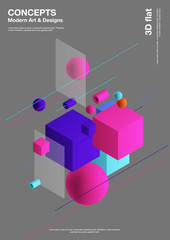 Poster - Abstract background, modern composition of geometric shapes. Cube, sphere, cylinder, line. 3d illustration.
