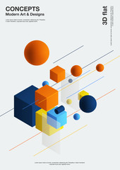 Poster - Abstract background, modern composition of geometric shapes. Cube, sphere, cylinder, line. 3d illustration.