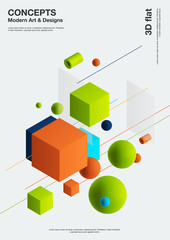 Poster - Abstract background, modern composition of geometric shapes. Cube, sphere, cylinder, line. 3d illustration.