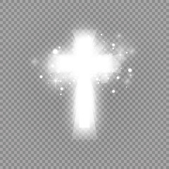 Shining white cross and sunlight special lens flare light effect on transparent background. Glowing saint cross. Vector illustration