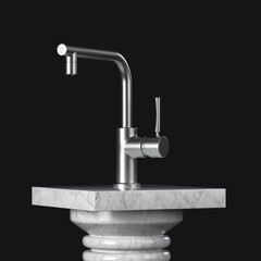 Poster - Modern Stainless Steel Kitchen Water Tap, Faucet over Marble Pedestal, Stage, Podium or Column. 3d Rendering