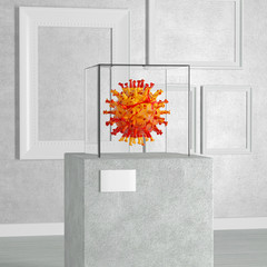 Poster - Coronavirus COVID-19 Cell over Pedestal, Stage, Podium or Column with Glass Showcase Cube in Art Gallery or Museum. 3d Rendering