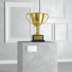 Aufkleber - Business or Sport Golden Award Trophy over Pedestal, Stage, Podium or Column in Art Gallery or Museum. 3d Rendering
