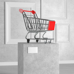Aufkleber - Shopping Cart Trolley over Pedestal, Stage, Podium or Column in Art Gallery or Museum. 3d Rendering
