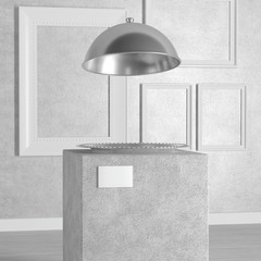 Poster - Silver Empty Restaurant Cloche over Pedestal, Stage, Podium or Column in Art Gallery or Museum. 3d Rendering
