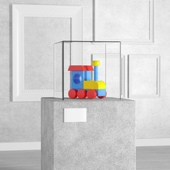 Poster - Colorful Children Wooden Toy Locomotive Train over Pedestal, Stage, Podium or Column with Glass Showcase Cube in Art Gallery or Museum. 3d Rendering
