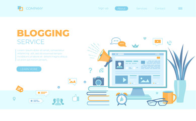 Wall Mural - Blogging Posting Education Writing Internet Blog Content-strategy, text, title, photo, video. Monitor with web page. Can use for web banner, landing page, web template.