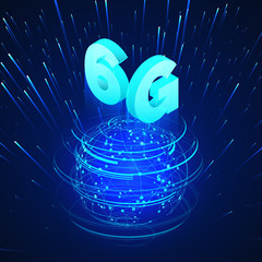 Poster - High speed 6G global mobile networks. Business isometric illustration global network hologram and text 6g. Wireless web banner. Modern data transfer technology. Vector