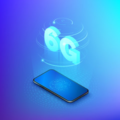 Poster - 6g fast mobile networks. mobile phone with global network on screen and hologram of wireless network