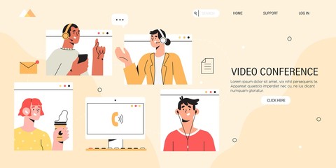 Video conference call landing page or banner. People on computer screen taking with colleague or team members. Videoconferencing, online meeting workspace or platform and freelance vector concept.