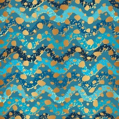 Poster - Teal color seamless pattern. Blue paint brush strokes. Gold watercolor. Luxury abstract golden design for interior, covers, prints. Elegant painted marble background. Fashion scribble smudges texture