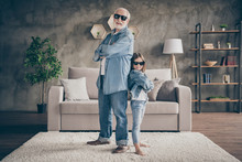 Photo Of Two People Funky Grandpa Small Nice Granddaughter Cool Stylish Trendy Sun Specs Denim Clothes Confident Best Friends Carnival House Party Stay Home Quarantine Living Room Indoors