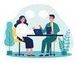 © Bro Vector - Candidate and HR manager having job interview. Business man and woman meeting at table, talking with speech bubbles. Vector illustration for conversation, career, human resource concept
