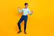 © deagreez - Full length photo of cool stylish guy boyfriend hands hold stretch suspenders festive mood scream excited wear specs shirt bow tie trousers shoes isolated vivid yellow color background