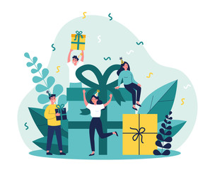 Happy friends celebrating birthday with present boxes. People giving gifts in party surprise. Vector illustration for Christmas, festive event, holiday concept