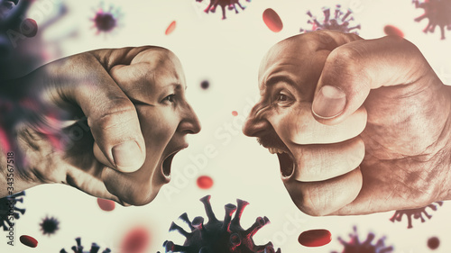 Fotomural Two fists with man's and woman's face are collide with each other on coronavirus background
