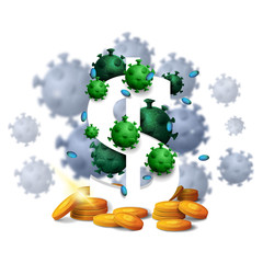 A three dimensional white dollar sign with gold coins around and surrounded by coronavirus molecules isolated on white background