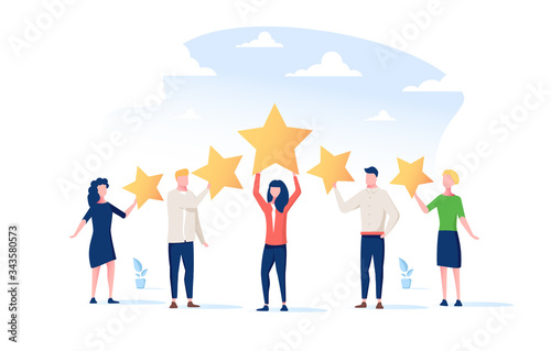 Happy people are holding review stars over their heads Poster Mural XXL