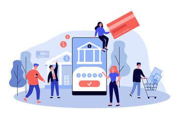 People using smartphones for online payments and money transfer. Vector illustration for mobile banking, finance management, fintech, transaction concept