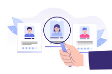 We are hiring concept. Hand pointing big magnifier to perfect candidate. Job hiring. Online recruitment and headhunting agency concept. Interview. Hiring employees. Web banner. Vector illustration 