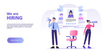 We Are Hiring Web Landing Page Template. Young HR Man Shout Out With Megaphone And HR Woman Looking With Binoculars. Job Hiring. Online Recruitment And Headhunting Agency Concept. Vector Illustration