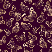Vector Seamless Pattern With Gold Butterflies Silhouettes On Purple Background