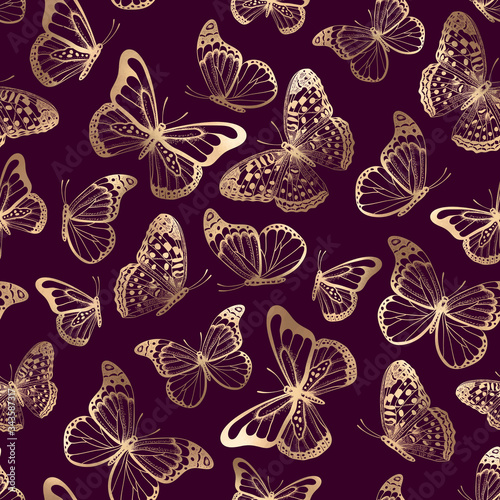 Fotomural Vector seamless pattern with gold butterflies silhouettes on purple background