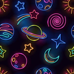 Wall Mural - seamless space neon lamps pattern. glowing planets, sun, moon, comet and stars on black background