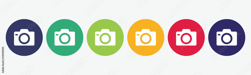 6 circles set in different colors with camera icon on white background. - obrazy, fototapety, plakaty 