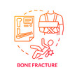 Bone fragility and fracture concept icon. Traumatism, skeleton injury, calcium lack, traumatic accident idea thin line illustration. Vector isolated outline RGB color drawing.