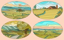 Rural Landscapes Stickers Set. Farm Field And Cabin. Agriculture And Vineyard. Green Hills, Meadows And Mountains Background For Banner Or Web. Vector Illustration. Hand Draw Engrave Vintage Sketch. 