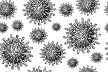 Coronavirus Cells Poster. Virus 2019-nCoV Bacteria. Seamless Pattern. Disease Banner. Quarantine And Flu. Respiratory Illness. Hand Drawn Infected Sketch Background. Spikes Of Virion. 